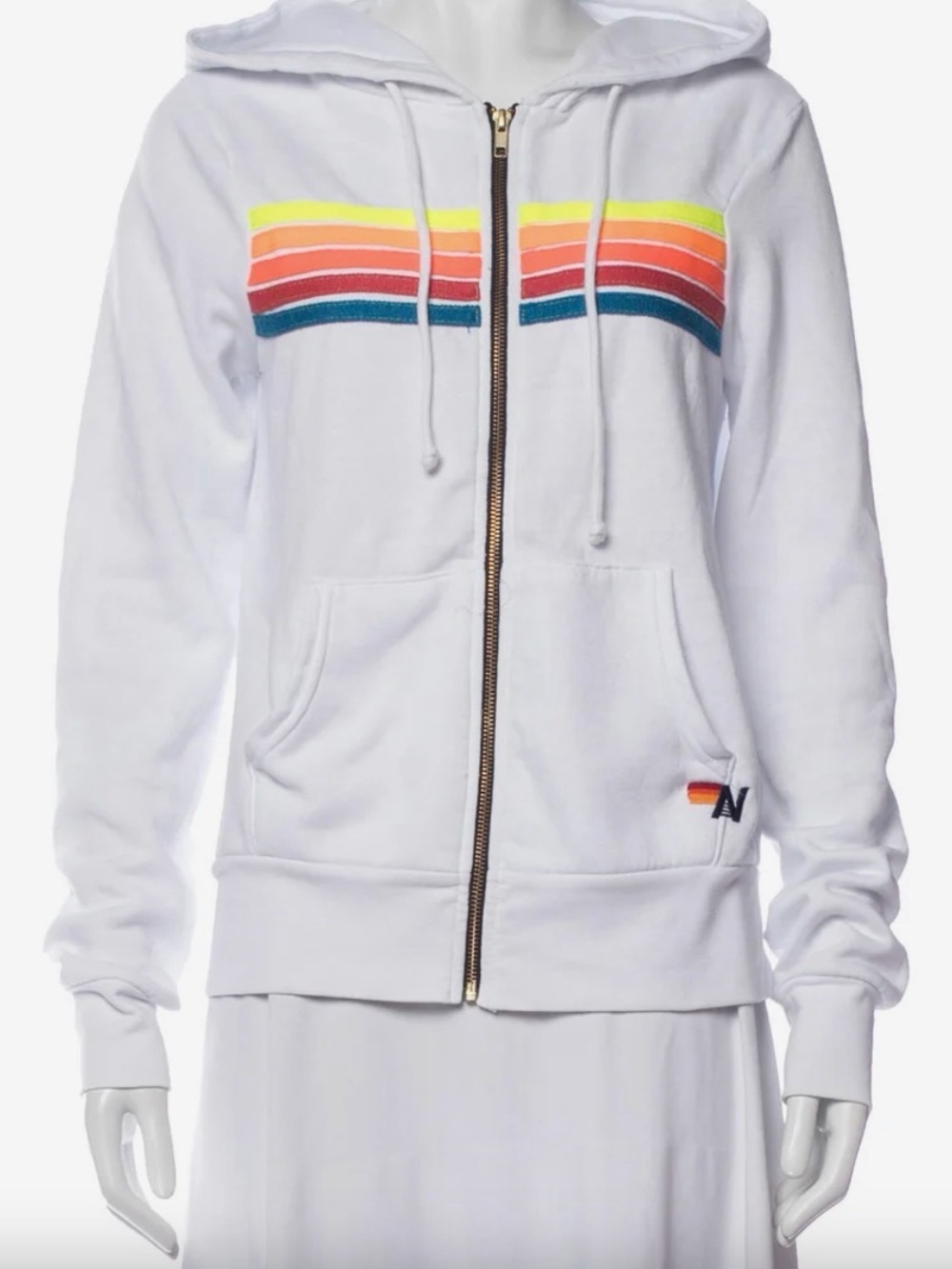 Aviator Nation White Zip-Up Hoodie with Neon Rainbow Stripes
